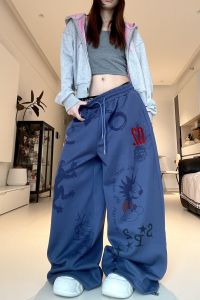 Casual American Jazz Dance Pants Womens Wide Leg Loose Straight Sport Sweatpants Graffiti Print Comfortable Cotton Trousers