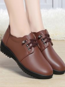 Leather Mom Shoes Spring Autumn New Soft Bottom Anti-slip Comfortable Womens Shoes Large Size round Toe Daily Wear Fashion Single Shoes