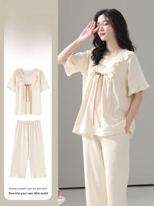 miiow | Pure Cotton Cat Person Sleepwear Womens Short Sleeve Seven-Piece Pants Sweet Cute Home Clothes Outdoor Wearable Set Summer