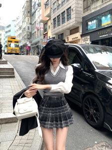 Chen Jiamin Spring 2024 College Style Knitted Set Ageless Design Shirt Knitted Vest Pleated Skirt Fashionable Womens Ensemble
