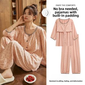 Miiow | Catwoman Summer Sleepwear Set Womens Built-in Chest Pad Anti-Bulge Floral Countryside Style Home Clothes 2025 New Arrival