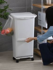 [SG Stock] WOODLES Dustbin Large 2-Tier Sorting Bin with Lid★360° Wheels★Press Top★Rubbish Garbage Trash Recycle Bin★Local Shipping & Warranty