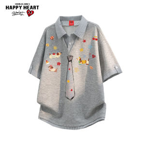 CHARLES JANGS HAPPY HEART | Fake Two-Piece Cartoon Graffiti College Style Polo Shirt with Tie