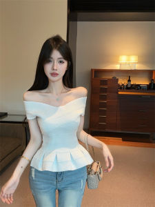 GUZILIAN | French Style Shoulder Bared Elastic Bandage Short Sleeve Slim Fit T-Shirt Summer New Casual Style Polyester Fiber Regular Sleeve