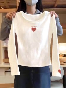 White Long Sleeve Base Shirt Womens Inner Wear Short Style Slim Fit Cotton T-Shirt Simple Basic Style for Spring Autumn