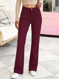 Quần Jeans Nữ Ống Đứng Cạp Cao Màu Đỏ Rượu Chất Liệu Cotton Pha Co Giãn Thoải Mái Trang Trí Đinh Tán.