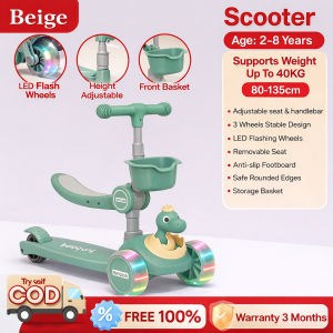 Beige Scooter for kids Foldable Scooter with Led and Music Smooth Ride 3 Wheel Adjustable Flashing Toys BoyGirl Birthday Gift