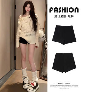 กางเกงขาสั้นสีดำยืดหยุ่นสำหรับผู้หญิง กางเกงขายาวทรงเข้ารูปเอวสูง กางเกงขาสั้นกระชับสัดส่วน สไตล์ทำงาน กางเกงขายาวลำลอง ฤดูใบไม้ผลิ 2025