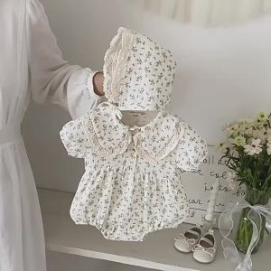 2026 Summer 3M-2Y Baby Floral bodysuit with Hat Newborn Short Sleeve Ruffle Collar Infant Romper Sweet Style jumpsuit