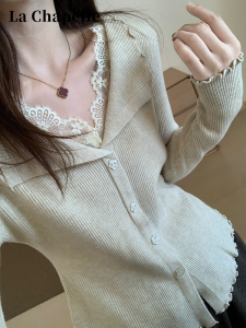 La Chapelle | Oatmeal Color Two-Piece Style Long Sleeve Tunic for Women Autumn Winter New Fashionable Lace Innerwear