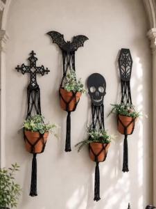 Black Macrame Plant Hanger Gothic Bat Skull Cross Coffin Wall Hanging Planter Tassel Flower Pot Holder for Halloween Home Decor