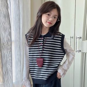 MPW | Girls Preppy Striped Knitwear Set Three-Piece Korean Style Spring Autumn Clothing Warm Breathable Lightweight Machine Washable