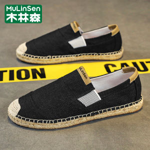 Handwoven Linen Mens Slip-On Shoes Breathable Summer Casual Boat Shoes Wear-Resistant Rubber Outsole round Toe Thick Bottom
