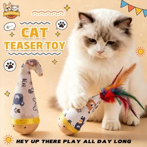 Interactive Wooden Tumbler Cat Toy Natural Feather Teaser for Kittens Durable Pet Toy Self-Happy