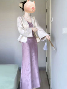 New Chinese Style Fashion Set Retro High End Outerwear Strap Dress Two Piece Winter Collection V Neck Comfortable Cotton Blend