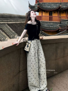 Summer Outfit Korean Style Slimming One-Shoulder Short-Sleeve Top And Polka Dot Wide Leg Pants Two-Piece Set Versatile High Waist