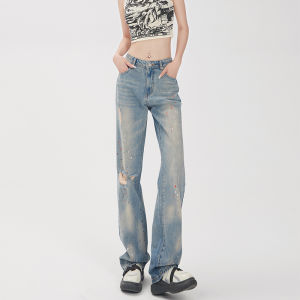 150 Little Sized Man American Splash Ink Hole Denim Female Autumn High Waist Loose Narrow Version Straight-Leg Pants Xs High