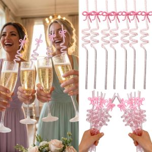 5Pcs Pink Bow Straw Food Safety Plastic Material Curved Drink Reusable Glitter Straw Home Birthday Party Cocktail Wedding Tea Decorations Cute Supplies