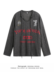 American Style V-Neck Long Sleeve T-Shirt Mens Spring Autumn Loose Thin Knitted Shirt Outerwear Breathable Polyester