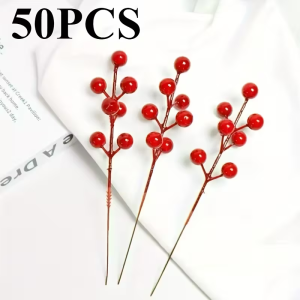 Artificial Red Berry Stems - Realistic Plastic Christmas Tree Decorations with Green Leaves & Red Berries Durable Holiday Ornam