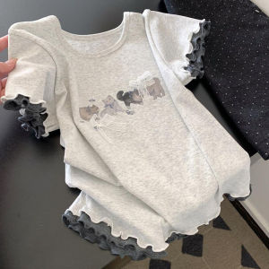 CHOEFULYN | French Style Lace Bowknot Cat Print Short Sleeve T-shirt