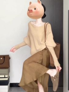 CHANGTONG | Bộ Đồ Dài Kiểu Dáng Thư Thả cho Mùa Xuân Áo Sweater và Chân Váy Cá Sấu Linen Thời Trang