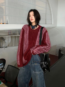 เสื้อสเวตเตอร์ถักสีแดง ทรงหลวม แขนยาว คอกลม สำหรับผู้หญิง แฟชั่นฤดูใบไม้ร่วง ทรงหลวม ลำลอง สไตล์อเมริกัน วินเทจ
