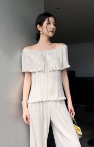 (เฉพาะกางเกง) Miyake คุณภาพสูงผู้หญิงมีจีบขาตรงฟรีไซส์กางเกงจับจีบเมทัลลิก #10106