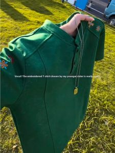 OUMULONG | Green Dye Embroidered Summer Ethnic Style Heavyweight Polo Shirt 5/8 Sleeves