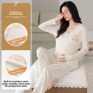 MiiOW | Maternity Sleepwear Spring Autumn Lightweight Breastfeeding Gown With Chest Pad Home Clothes Summer Thin Set Womens Long Sleeve V-neck Gown