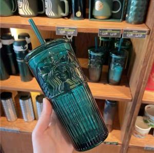Starbucks Coffee Limited Edition Dark Green Goddess Glass Cup Thick Glass With Straw Birthday Gifts Presents