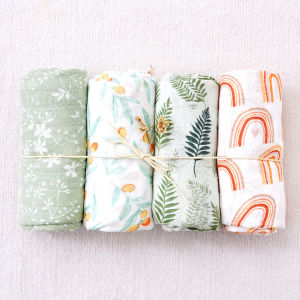 Elinfant 4PCS Gift Set Muslin Swaddle Blankets Bamboo Cotton Soft Cozy 100% Cotton Newborn Baby Bath Towel Wrap