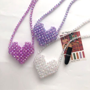 Shiny Woven Homemade by Hand DIY Material Bag Beaded Bag Mini Shoulder Crossbody Heart Small Bag for Women Summer