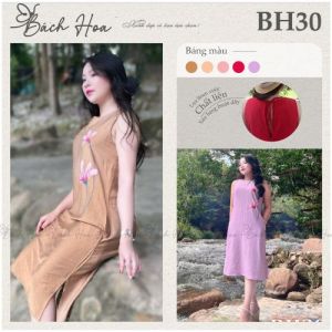 Đầm suông hoa in cột dây lưng linen xước - BH30