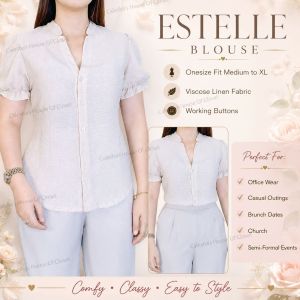 CALESHA| Estelle Women’s Puff-Sleeve Viscose Linen Blouse  Breathable & Stylish Button-Down Top for Office Casual Errands Brunch or Semi-Formal Events | Office School or Weekend Outfits| Womenswear Vneck Polo Blouse