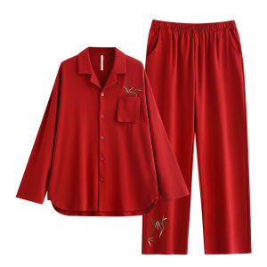yuenei | New Couple Sleepwear Set Cotton Red Home Clothes Spring Autumn Long Sleeve Button Decoration Loose Fit Men Women Casual Wear
