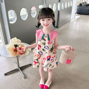 ชุดเดรสสั้นผ้าฝ้ายลายโบว์สีรุ้งสำหรับเด็กผู้หญิง ฤดูร้อน 2023 กระโปรงทรงเอเข้ารูป เอวสูง แขนกุด คอปกตัวเล็ก แฟชั่น