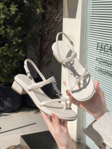 รองเท้าแตะส้นหนาสไตล์นางฟ้า หัวกลม คริสตัล ทรงหัวแหลม รองเท้าแตะส้นเตี้ยสำหรับผู้หญิงในช่วงฤดูร้อนปี 2024