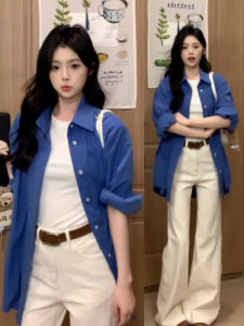 Áo Khoác Chống Nắng Mùa Xuân 2025 Áo Sơ Mi Nữ Dáng Rộng Mỏng Dài Tay Cổ Polo Màu Xanh Lam Áo Khoác Ngoài Thời Trang Thường Ngày