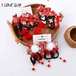 Kids Sweet Headdress Cloth Female New Year Festive Chinese Style Bow Hairpin Side Clip Hair Accessories Wig Braid Hairpin