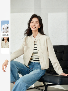 Vimly | Áo Khoác Nữ Cổ Đứng Cotton Sơ Mi Phong Cách Bóng Đá Ngắn