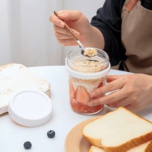 Nipiin Overnight Oats Jar Glass Oatmeal Jar with Removable Lid & Spoon Stackable Food Storage Dispenser for Cereal & Breakfast