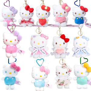 Cute Women Hello Kitty Bag Pendant Pink Bow Cat Strawberry Plush Doll Charm Keychain Student Backpack Accessories Girl Gifts