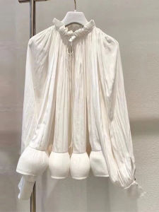 เสื้อเชิ้ตสีขาวสไตล์ฝรั่งเศส ดีไซน์เก๋ไก๋ แขนยาว ปกกลม ทรงหลวม ผ้าโพลีเอสเตอร์ ฤดูใบไม้ร่วง 2023