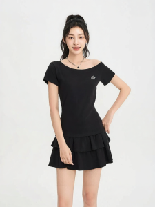 SANFU | Summer New Elegant Half Skirt with Letter Embroidery and Off-shoulder Top Women Suit