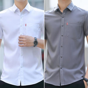 Summer Ice Silk Short Sleeve Shirt with Pockets Mens Business Formal Leisure Professional Non-Ironing Stretch White Shirt
