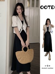 พลัสไซส์ ฤดูร้อน สไตล์ฝรั่งเศส รูปร่างลูกแพร์ พรางหุ่น คาร์ดิเกน สายคล้อง ชุดเดรส ผู้หญิง ชุดเอวสูง ทรงเอ กระโปรงยาวปานกลาง