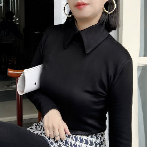 Womens Polo Collar Double-sided Fleece Lined Base Shirt Inner Wear Thick Stylish White High End Commute Korean Style Slim Fit