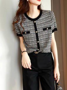 WANGGONGZHU | Fashionable Ice Silk Knitted Top Womens Short Sleeve Overhead Style Summer Slimming Trendy Versatile Princess Style Commute Wind