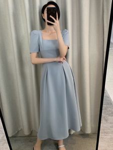 Blue Bubble Sleeve Dress Elegant French Design Square Neck Summer Women's Dress High Waist A-Line Skirt Short Sleeve Midi Dress